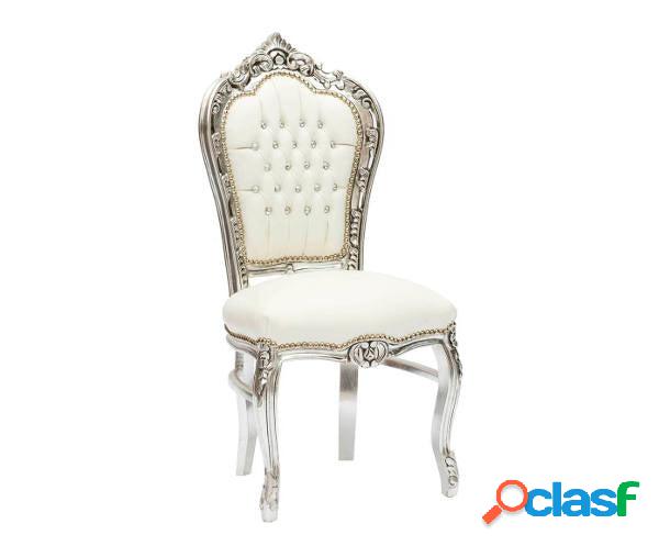 Sedia barocco in legno colore argento in ecopelle bianco cm