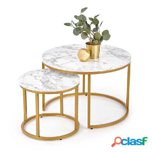 Set 2 tavolini da salotto rotondi effetto marmo bianco oro