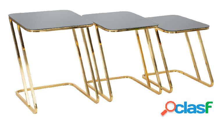 Set da 3 Tavolino quadrato moderno in metallo dorato e vetro
