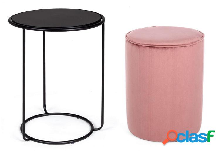Set pouf in velluto e tavolino in acciaio colore nero da