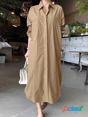 Shirt Collar Solid Color Casual Long Shift Dresses