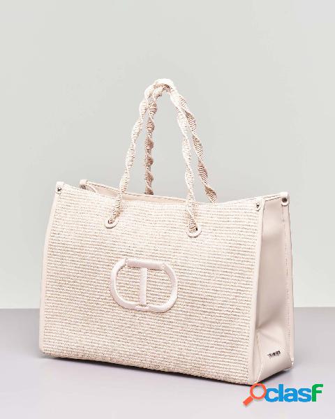 Shopping bag beige in raffia con manici torchon e logo