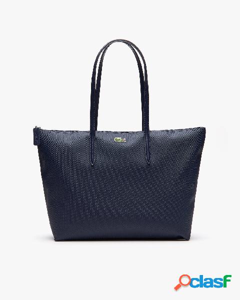 Shopping bag blu misura grande in tela piqué con logo