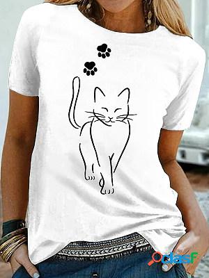 Short Sleeves Round Neck Printed Cat Printed T-shirt