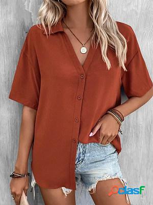 Short Sleeves Solid Shirt Collar Blouse