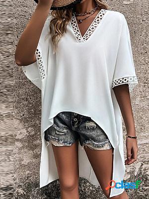 Short Sleeves V Neck Asymmetrical Blouse