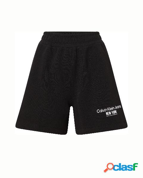 Shorts neri in felpa di cotone a vita alta con logo a