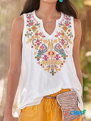 Sleeveless Round Neck Casual Tribal Casual T-shirt