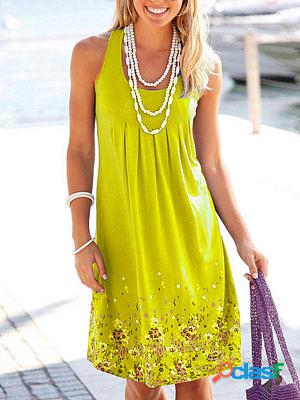 Sleeveless Small Floral Print Loose Fashion U-neck Shift