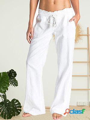 Soft Cotton And Linen Solid Color Tie Loose Casual Wide-leg