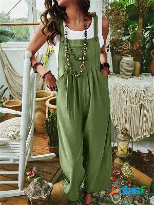 Solid Color Sleeveless Pocket Casual Wide Leg Side Button