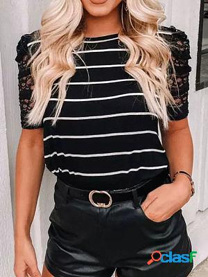 Striped Lace Panel Round Neck Short Sleeve T-shirt