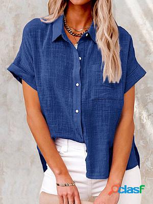 Summer Solid Color Linen Casual Short Sleeve Loosen Blouse