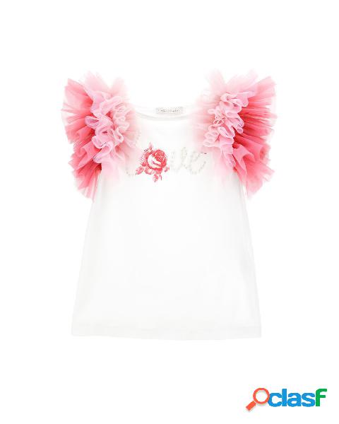 T-shirt bianca con maniche ad aletta in tulle rosa e scritta
