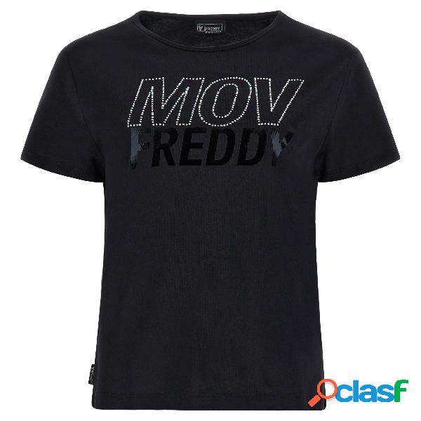 T-shirt cropped con grafica FREDDY MOV strass e nero lucido