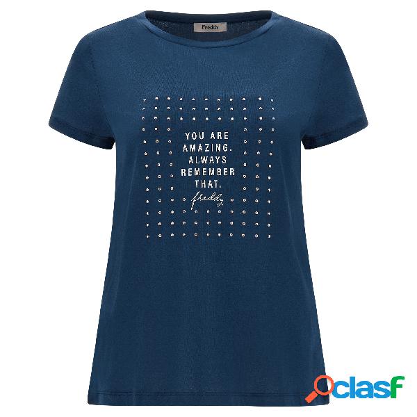 T-shirt in jersey modal con lettering e borchie oro rosa
