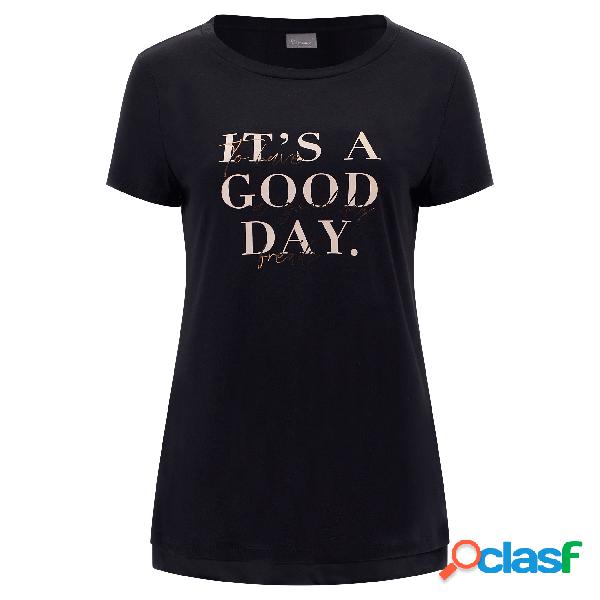 T-shirt in jersey modal con maxi stampa e inserto in satin