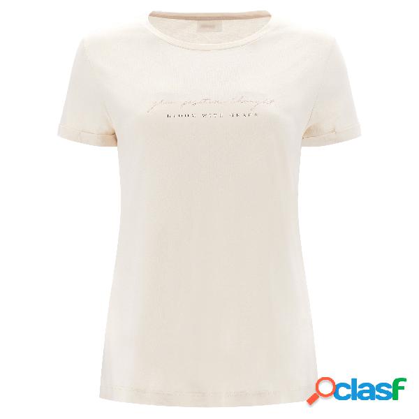 T-shirt lettering oro rosa e inserto posteriore floreale blu