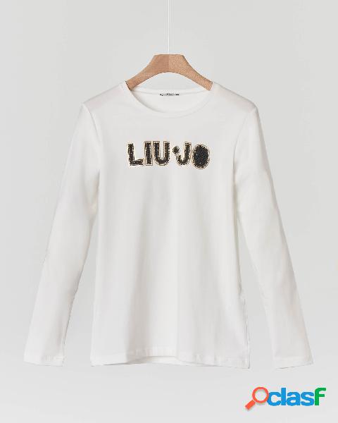T-shirt manica lunga in cotone stretch con logo dorato e