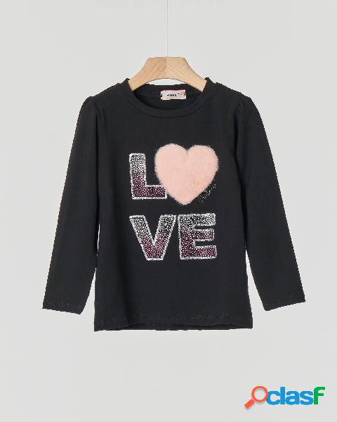 T-shirt nera manica lunga con scritta Love in strass e cuore