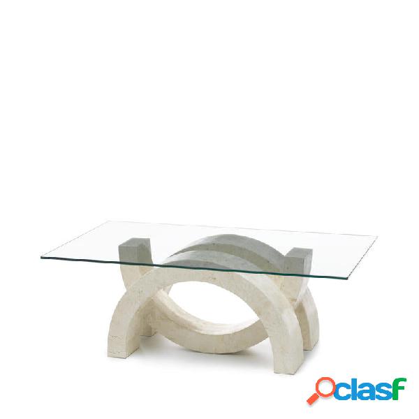 Tavolino da salotto con piano in vetro e base in pietra