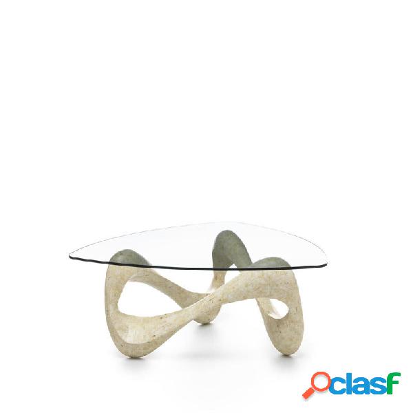 Tavolino design con base in pietra fossile piano in vetro cm
