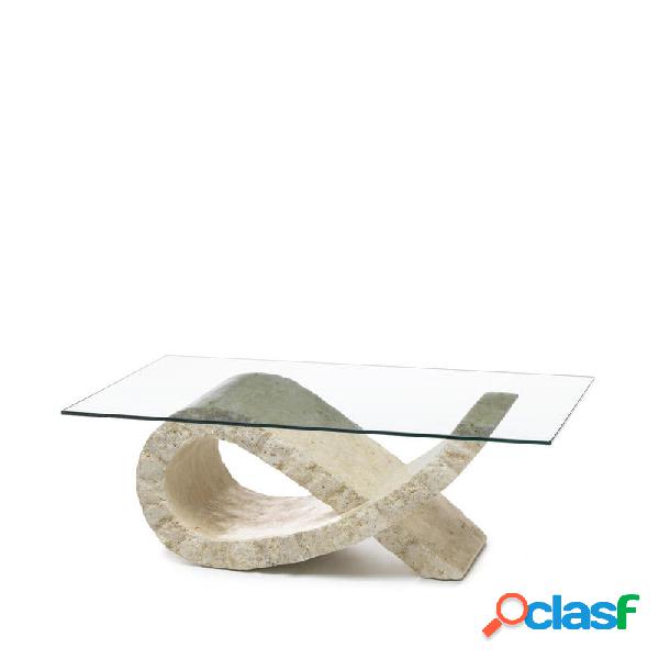 Tavolino moderno basso in pietra colore beige piano in vetro