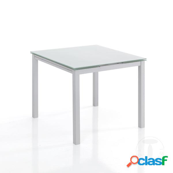 Tavolo quadrato bianco allungabile in metallo e vetro per
