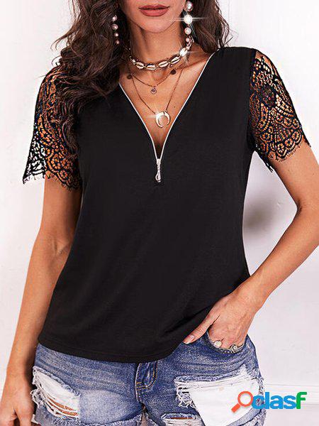 Tinta unita Scollo a V Pizzo Casuale Camicia