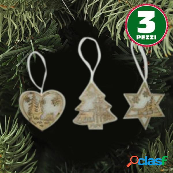 Trade Shop - 3 Appendini Natale In Legno E Ovatta Forma