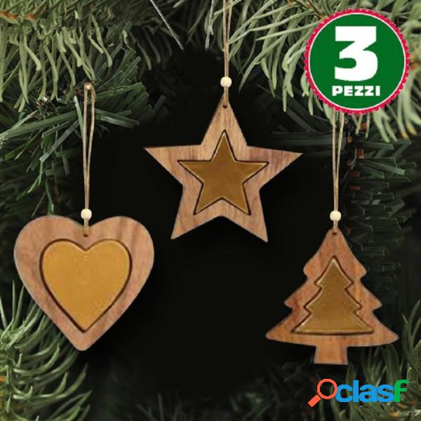 Trade Shop - 3 Appendini Natale In Legno Stella Albero Cuore