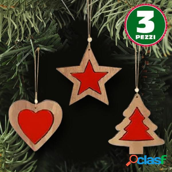 Trade Shop - 3 Appendini Natale In Legno Stella Albero Cuore