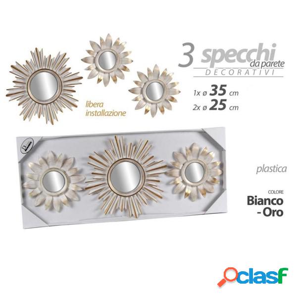 Trade Shop - Set 3 Pz Specchi Parete Bianco Oro 25/35 Cm