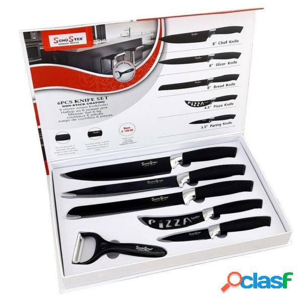 Trade Shop - Set 5 Coltelli Neri Da Cucina In Acciaio Manico