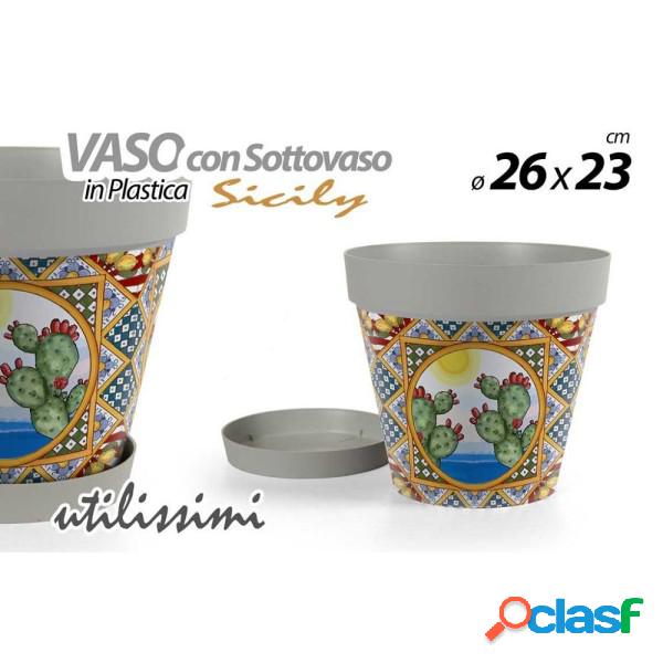 Trade Shop - Vaso Con Sottovaso In Plastica Sicily 26x23 Cm