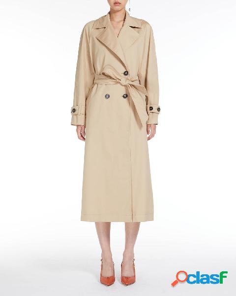 Trench doppiopetto lungo beige in gabardina di cotone