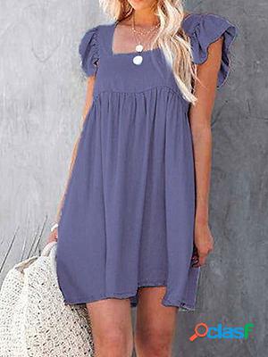 U-neck Short-sleeve Ruffled Solid Color Casual Dress