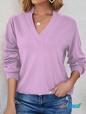 V Neck Long Sleeves Casual Solid T-shirt
