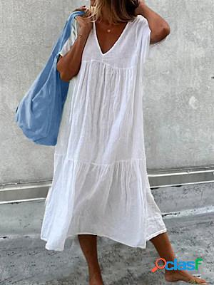 V Neck Short Sleeves Linen-blend Midi Dress