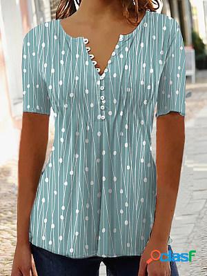 V Neck Short Sleeves Polka Dots Casual T-shirt