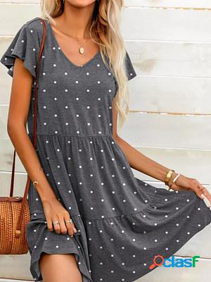 V Neck Short Sleeves Polka Dots Printed Casual Short Dress