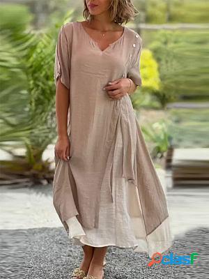 V Neck Solid Linen Maxi Dresses