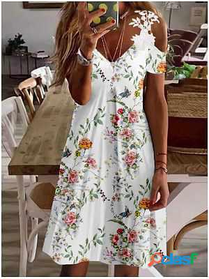 V-neck Casual Floral Print Lace Short Sleeve Short Dress