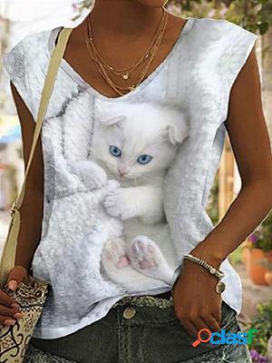 V-neck Casual Loose Cat Print Sleeveless T-shirt