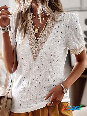 V-neck Casual Loose Embroidery Hollow Short-sleeved Blouse