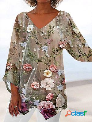 V-neck Casual Loose Floral Print Long Sleeve Blouse