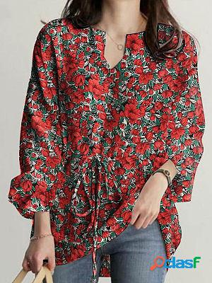 V-neck Casual Loose Floral Print Long Sleeve Blouse