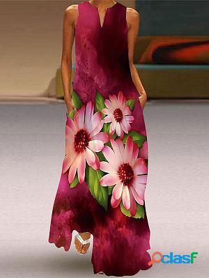 V-neck Casual Loose Floral Print Resort Sleeveless Maxi