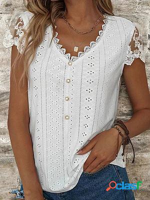 V-neck Casual Loose Lace Hollow Short-sleeved Blouse