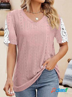 V-neck Casual Loose Lace Stitching Hollow Short-sleeved